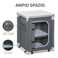 Mobile Cucina da Campeggio con 2 Mensole e Sacca di Trasporto, in Alluminio e Tessuto Oxford 60x49x70cm Grigio