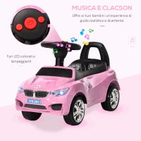 Macchinina per Bambini Cavalcabile con Volante, Fari e Musiche Integrate, Macchina per Bambini in PP e Metallo, 63.5x28x36 cm, Rosa