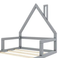 Letto Montessori a Forma di Casetta con Doghe in Legno, Letto per Cameretta per Bambini 4+ Anni, Senza Materasso, 90x200 cm, Grigio