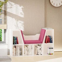 Libreria Panca 2 in 1, Design Contemporaneo, 6 Scomparti, 3 Cuscini Inclus,i 102L x 30P x 61H cm, Bianco e Rosa