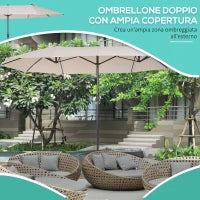 Ombrellone Doppio da Giardino 4.6x2.7 m a 12 Stecche con Prese d'Aria e Manovella, Ombrellone per Esterni in Acciaio e Poliestere, Anti UV, Beige