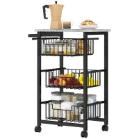 Carrello da Cucina a 3 Cestelli con Maniglia, in Acciaio e Legno, 49.5x31x69 cm, Nero e Grigio Chiaro