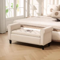 Panca Fondo Letto in Tessuto Vellutato con Spazio Portaoggetti e Braccioli, 126x48.5x57 cm, Beige