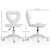 Sedia da Ufficio Imbottita con Schienale a Cuore e Rotelle, in Velluto Teddy e Plastica, 45x56x78-88 cm, Bianco