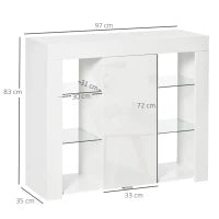Credenza Moderna a Anta con Luci LED e Mensole in Vetro, Mobile Multiuso in Legno con Finitura Lucida, 97x35x83cm, Bianco