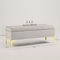 Panca Contenitore Fondo Letto con Tessuto Vellutato e Gambe Dorate, 120x44x44.5cm, Grigio Chiaro