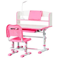 Banco Scuola per Bambini 6-12 Anni Regolabile con Luce LED, Leggio e Portapenne, in MDF, PP e Acciaio, Rosa