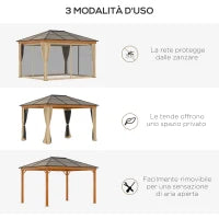 Gazebo da Giardino in Acciaio, Alluminio e Poliestere con Tetto in Policarbonato e Zanzariere, 2.94x3.60x2.67 m