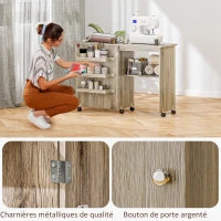 Tavolo da cucito pieghevole mobile da cucito a ribalta con contenitori, scaffale aperto e ruote effetto legno grigio