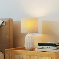 Lampada da Tavolo con Base in Ceramica e Paralume in Lino Stile Retrò 40W Bianco e Beige
