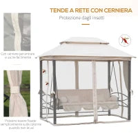 Dondolo 3 Posti e Lettino Singolo Copertura a Gazebo con Zanzariera e Cuscini 256x172x248cm Crema