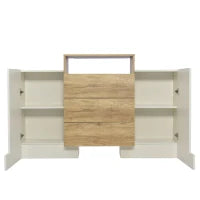 Credenza Moderna con 2 Ante, 2 Ripiani e 3 Cassetti, con Illuminazione a LED, 140x30x77.5 cm, Bianco e Color Legno Naturale