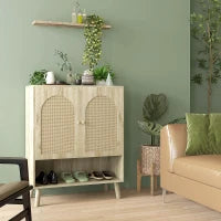 Mobile Multiuso in Stile Boho con Ante in Rattan e Ripiano Aperto, 80x38x100cm, Rovere