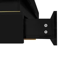 Tavolino da salotto laccato lucido con cassetti e dettagli dorati, 70×70×35,5 cm, Nero