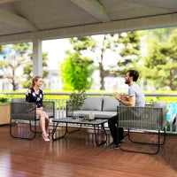 Set da Giardino Rattan con Divanetto 2 Posti, 2 Poltrone e Tavolino in Vetro, Cuscini Sfoderabili, Grigio