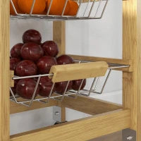 Carrello Cucina con Ruote, Cassetto e 3 Cestini a Rete Metallica, 37x37x76cm, Colore Legno