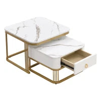 Set di Tavolini da Salotto Impilabili in Marmo Lucido con Dettagli Dorati e Cassetti, 60x60x45 cm + 50x50x34 cm, Bianco