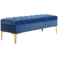 Panca Imbottita Fondoletto in Tessuto Vellutato e Base in Metallo Dorato, 118x45x42 cm, Blu