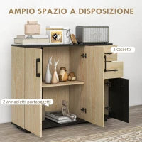 Credenza Moderna con 2 Armadietti e 2 Cassetti in Legno, 90x30x75.5cm, Noce e Nero