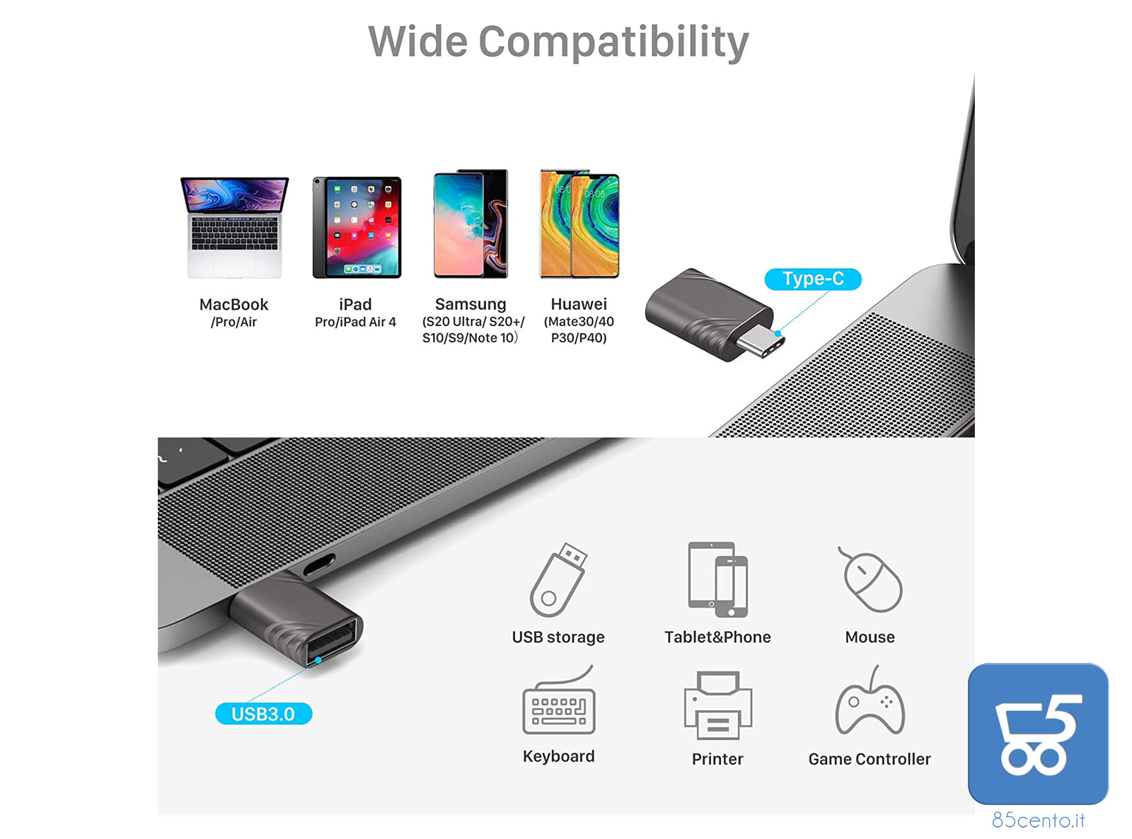 YOSH USB C Adattatore USB to USB C colore grigio Kit da 2 pezzi in lega di zinco