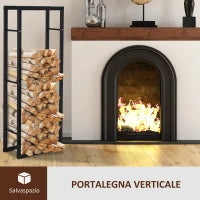 Porta Legna Verticale in Metallo Nero da Interni ed Esterni con Portata 100 kg max, 60x25x150 cm