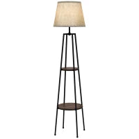 Lampada da Terra a 2 Ripiani in Metallo e MDF con Paralume in Tessuto, Ø42x166 cm, Nero e Marrone