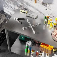 Tavolo da lavoro, banco da lavoro in acciaio inox 2 ripiani, per officina, garage, capannone, 120x60x86cm, argento