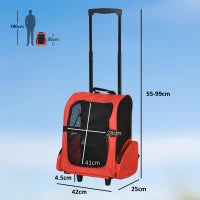 Trasportino Zaino 2 in 1 per Cani e Gatti con Tasche Laterali, Maniglia Telescopica e Ruote, 42x25x55cm, Rosso