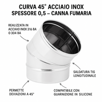 Curva 45° acciaio inox spessore 0,5 mm canna fumaria monoparete europrofil *** misura Ø 150 mm, confezione 1