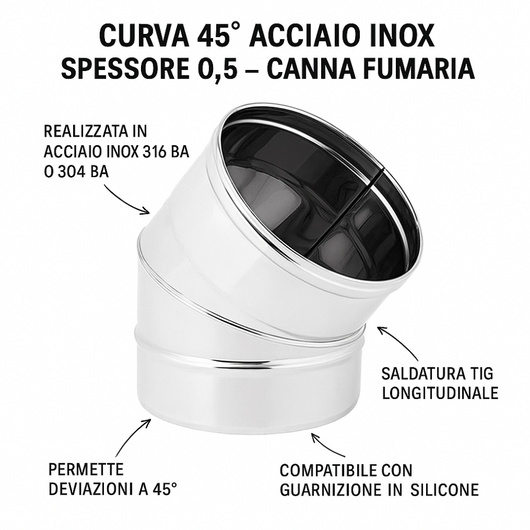 Curva 45° acciaio inox spessore 0,5 mm canna fumaria monoparete europrofil *** misura Ø 150 mm, confezione 1