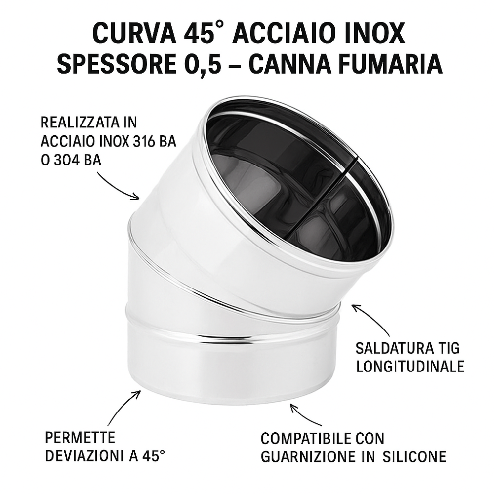 Curva 45° acciaio inox spessore 0,5 mm canna fumaria monoparete europrofil *** misura Ø 180 mm, confezione 1