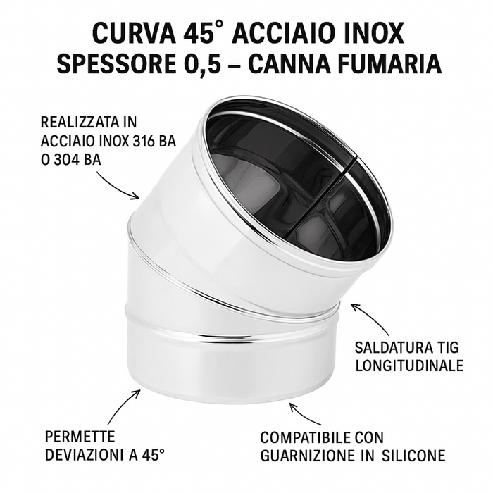 Curva 45° acciaio inox spessore 0,5 mm canna fumaria monoparete europrofil *** misura Ø 180 mm, confezione 1