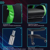 Sedia da Gaming con Altezza Regolabile e Schienale Reclinabile, 65x65x121-129 cm, Nero e Verde