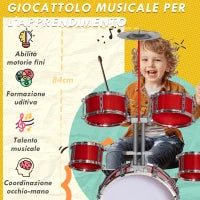 Set Batteria per Bambini da 5 Pezzi con Grancassa con Pedale, Tamburi, Piatto e Sgabello, Età 3-6 Anni, Rosso