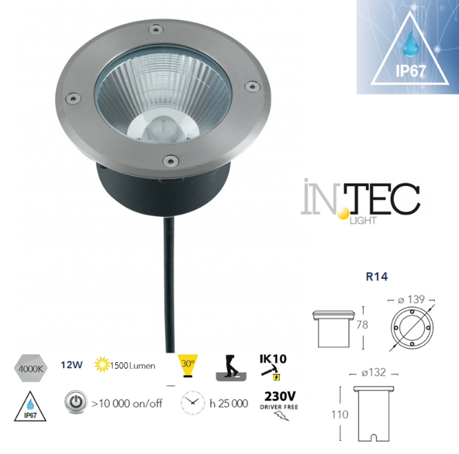 Proiettore led incasso rotondo calpestabile 12w luce naturale 4000k