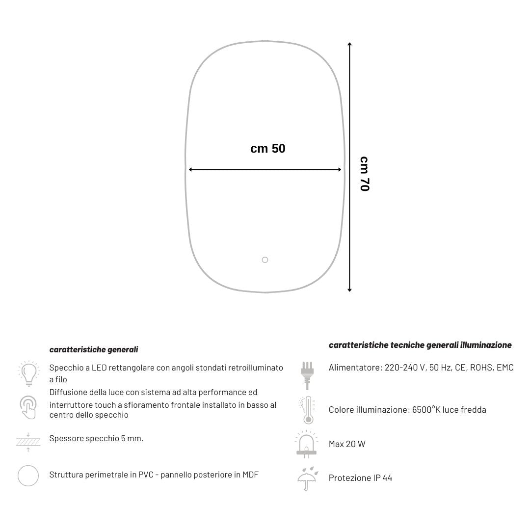 Specchio 5 mm rettangolare stondato retroilluminato interruttore touch *** misure 50x70 cm, tonalità standard 6000-6...