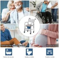 Sedia a Rotelle Impermeabile con WC Seduta in Ecopelle, 4 Ruote, Vaso Rimovibile per Anziani/Disabili, 84x54x96cm