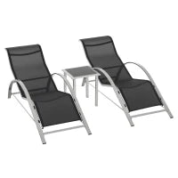 Set 2 Sdraio da Giardino e Tavolino con Vetro, Lettino Prendisole con Tessuto Traspirante 59 x 169 x 66cm, Nero Grigio