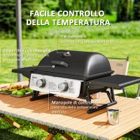 Barbecue a Gas Portatile con 2 Bruciatori e Coperchio con Termometro, Nero