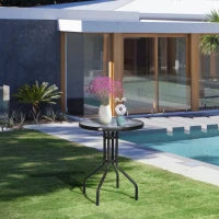 Tavolo Rotondo con Piano in Vetro Temperato Tavolino da Giardino Nero, Φ60 x 70cm