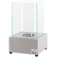 Camino a Bioetanolo da Tavolo con Bruciatore da 0.4L, Biocamino in Acciaio e Vetro per Interni ed Esterni, 20x20x33cm, Argento