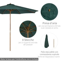 Ombrellone da Giardino 3x2.5 m con Apertura a Corda, 8 Stecche, in Legno e Poliestere Verde Scuro