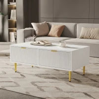 Tavolino da Salotto Moderno con 2 Cassetti e Design a Righe Verticali, 100x50x40 cm - Tavolino da Divano, Bianco+Oro