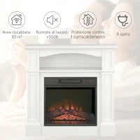 Camino Elettrico con Effetto Fiamma LED Regolabile 1800 W, Telecomando, Timer e Ripiano Integrato, Bianco