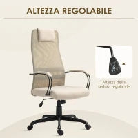 Sedia da Ufficio Ergonomica Girevole con Reclinazione, Altezza Regolabile e Ruote, 58x61x115-125cm, Beige