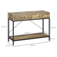 Tavolo Consolle Stile Vintage in Metallo e Legno con 2 Cassetti e Mensola, 100x35x76.5cm, Marrone