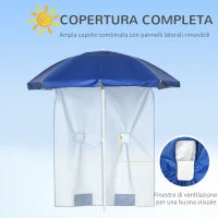 Ombrellone da Spiaggia Inclinabile con Tendine Laterali, in Poliestere e Acciaio, Ø191x211 cm, Blu e Bianco