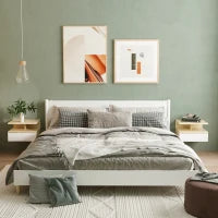 Set da 2 Comodini Sospesi con Cassetto e Ripiano Superiore, in Legno, 35x32x22.5 cm, Bianco e Rovere