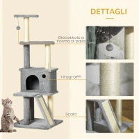 Albero Tiragraffi Multilivello con Casetta, Scala, Pallina e Pali in Sisal, 48x48x125 cm, Grigio