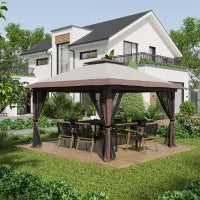Gazebo Pieghevole, Regolabile in Altezza, 4 Pareti a Rete, Tetto Ventilato, Borsa per Trasporto, Montaggio Rapido, 4 x 4 x 3 m, Beige